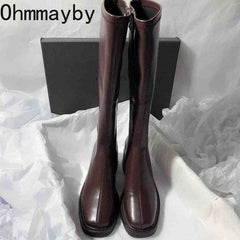 Vintage Thick Heel Women Knee High Boots Fashion Side Zippers Shoes Autumn Winter Ladies Concise Long Botas De Mujer Shoes