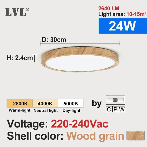 Home Decor LED Ceiling Light Wood Grain & White 3 in 1 Lighting Colors Home Lighting Kitchen Bedroom Bathroom Round Flush Ceiling Lamp