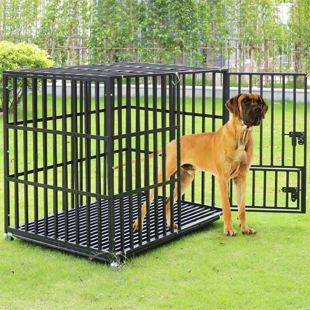 XXL Large Heavy Duty Dog Crate Strong Pet Cage Tear Resistant Square Tube Metal Kennel Playpen with Lockable Wheels and Tray Pet Shop