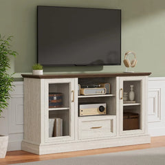 Farmhouse TV Stand for 70 Inch TV Entertainment Unit with Glass Door Storage Cabinets Adjustable Shelves Modern Media Console Living Room Furniture