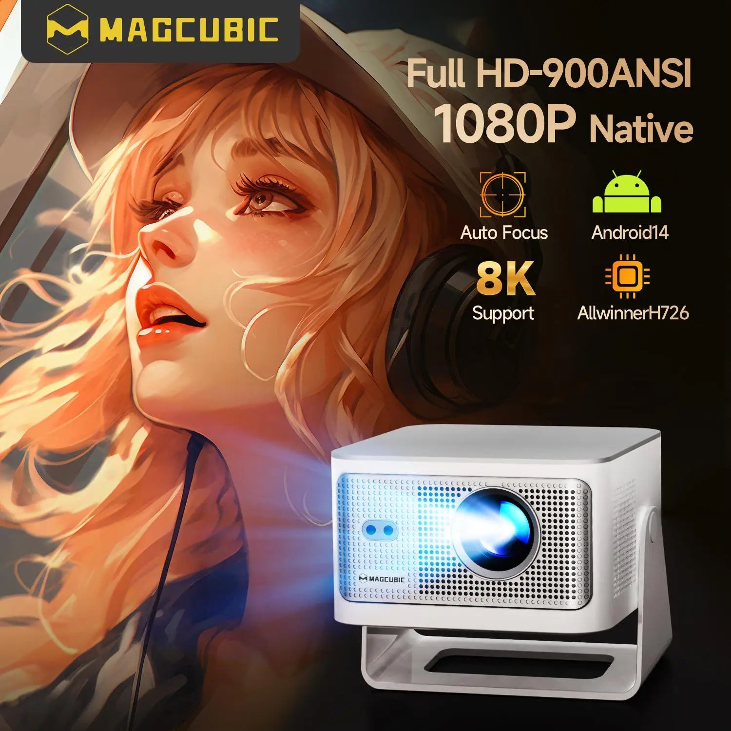 Magcubic 900ANSI Android 14 Projector Auto Focus Support 8K Native 1080P With Wifi6 BT5.4 16G Allwinner H726 Portable HY350Max