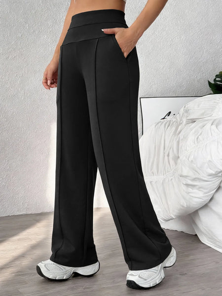 Women's Plain Loose Straight Leg Pants, Wide Leg High Waist Sporty Casual Sweatpants with Pockets, Comfortable Daily Wear Casual