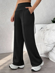 Women's Plain Loose Straight Leg Pants, Wide Leg High Waist Sporty Casual Sweatpants with Pockets, Comfortable Daily Wear Casual