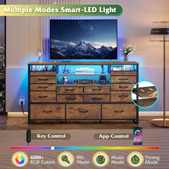TV Stand for 55 60 65 inch TV Entertainment unit with LED Lights Charging Station Media Console Table with 15 Fabric Drawers Living Room Furniture