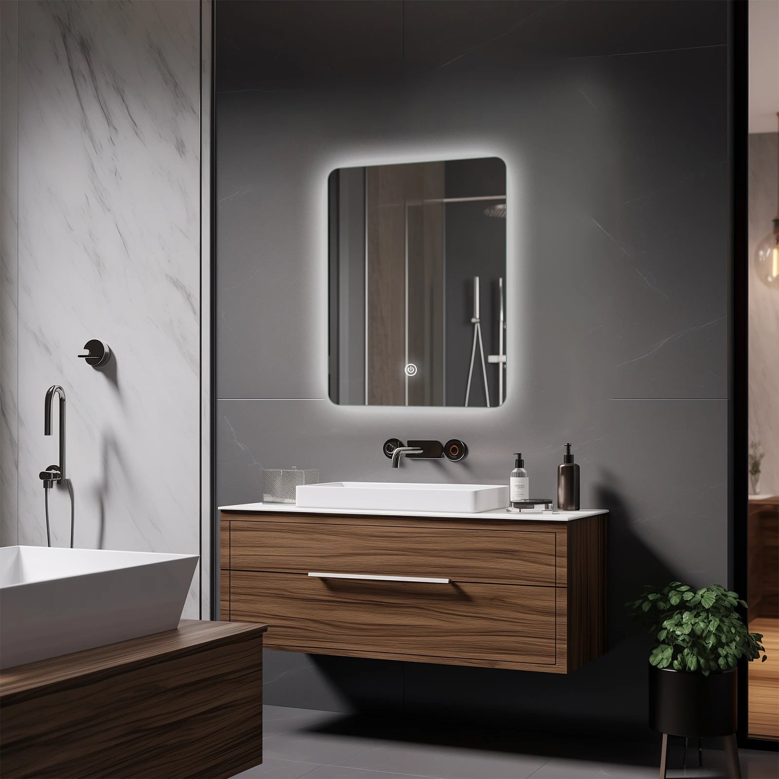 45x60cm Hardwired Bathroom Wall Mirror Bathroom Mirror Lighting Mirror With LED Light Touch Switch 3 Colors Dimmable Waterproof