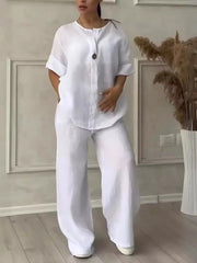 Women’s Cotton Linen 2-Piece Set – Blouse & Wide Leg Pants