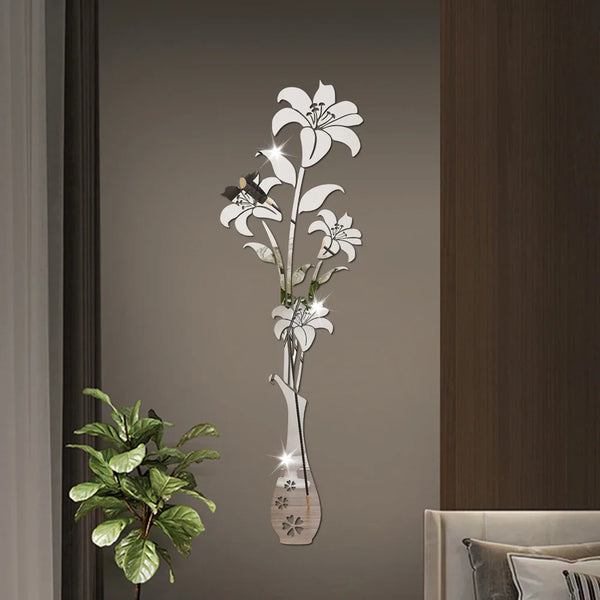 DIY Lily Flower Vase Acrylic Mirror Art Stickers for Room Decoration Vase 3D Flower Wall Decals Sticker Living Room Wall Home Decor