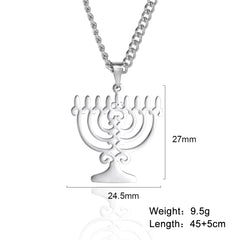 Lucktune Judaism Menorah Pendant Necklace Stainless Steel Lampstand Sacred Amulet Chain Necklace for Women Men Vintage Jewelry