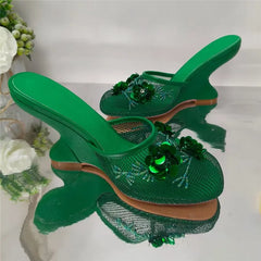 Fashion Women Summer Wedges Mesh Shoes For Woman's Flower Round Toe Slip-On Hollow High Heeled sandals Mujer Party Wedding Pumps