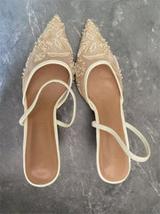 Women's Mesh Floral Embroidered Slingback High Heels Female Open Heel Pearl Studded Pointed Toe Sandals Sexy Stiletto Lady Shoes