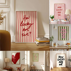 How Lucky Are We Pink Red Striped Wall Art Positive Inspirational Quote Poster Canvas Prints for Modern Living Room Home Decor