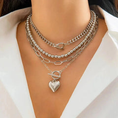 4Pcs/Set Punk Gold Color Heart Pendant Necklace Trendy OT Buckle Beaded Neck Chain Choker Y2K Jewelry Accessories