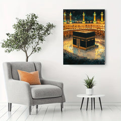 Glowing Kaaba Canvas Wall Art - Islamic Mecca Night Scene with Gold Minaret for Home Decor, Ramadan & Hajj Muslim Religious Gift
