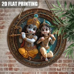 Charming Round Krishna & Radha Wall Ornament: Traditional Hindu Present, Rustic Spiritual Decor Piece