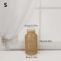 Vintage Rattan Vase Hand Woven Wicker Flower Pot Glass Bouquets Holder Vases Wedding Party Dining Table Centerpiece Decor