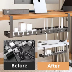 Clamp-on cable management tray beneath a desk