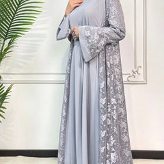 Women Muslim Arab Islamic Ramadan Two-piece Set  Belt Embroidery  Dress Kaftan Long Sleeves Open Stitch Cardigan