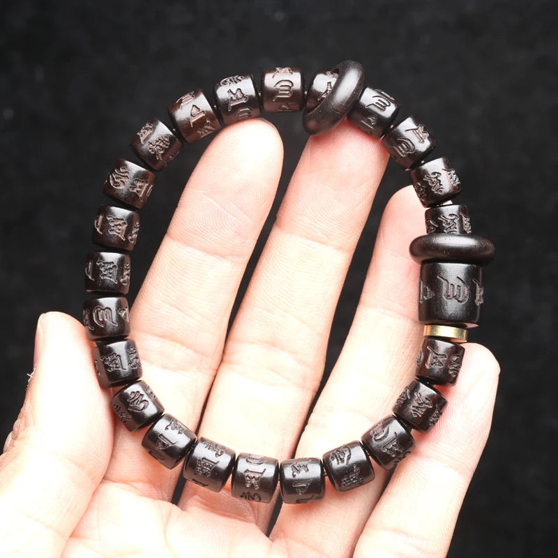 Authentic Natural Ebony Tibetan Six-Character Mantra Tibetan Prayer Wheel Bracelet 15mm Unisex Bracelet