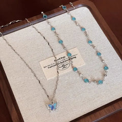 LATS Romantic Blue Crystal Butterfly Necklace Girls Simple Shiny Zircon Bilayer Choker Clavicle Chain New Fine Jewelry
