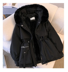Fleece Lined Hood Down Jacket Winter Coat for Women Warm Drawstring Padded Parkas Korean Casual Streetwear Female Puffer Outwear