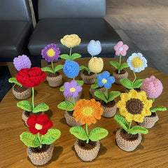 Crochet Knitting Flowers Potted Homemade Crochet Rose Tulip Daisy Office Desktop Ornaments Car Automotive Interior Decoration Home Decor, Plants & flowers