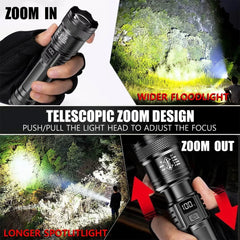 Ultra Bright LED Flashlight 2000LM Type-C Rechargeable Long Range Zoom Tactical Torch Outdoor Emergency Camping Fishing Lantern