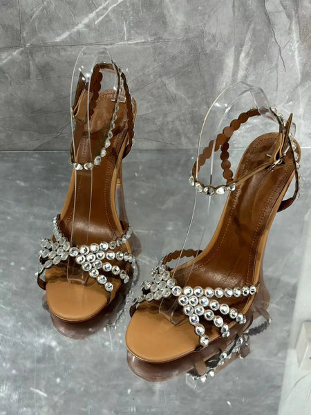 rhinediamond Round Toe Thin With Thin Sole Spring New Women's Shoes Sandals Sexy Elegant Ladies Wedding Party Heels