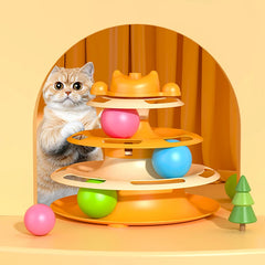 4-Layers Feather Cat Turntable with Fun Toy Ball and Playing Stick Interactive Cat Toy Tower Kitten Turntable Track Roller Balls Pet Shop