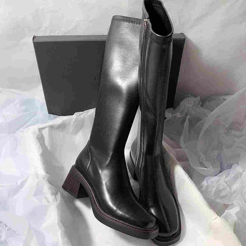 Vintage Thick Heel Women Knee High Boots Fashion Side Zippers Shoes Autumn Winter Ladies Concise Long Botas De Mujer Shoes