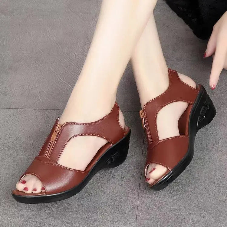 WOIZGIC Women Old Mother Laides Wedges Sandals Platform Shoes PU Leather Non Slip Beach Summer Cool Zipper