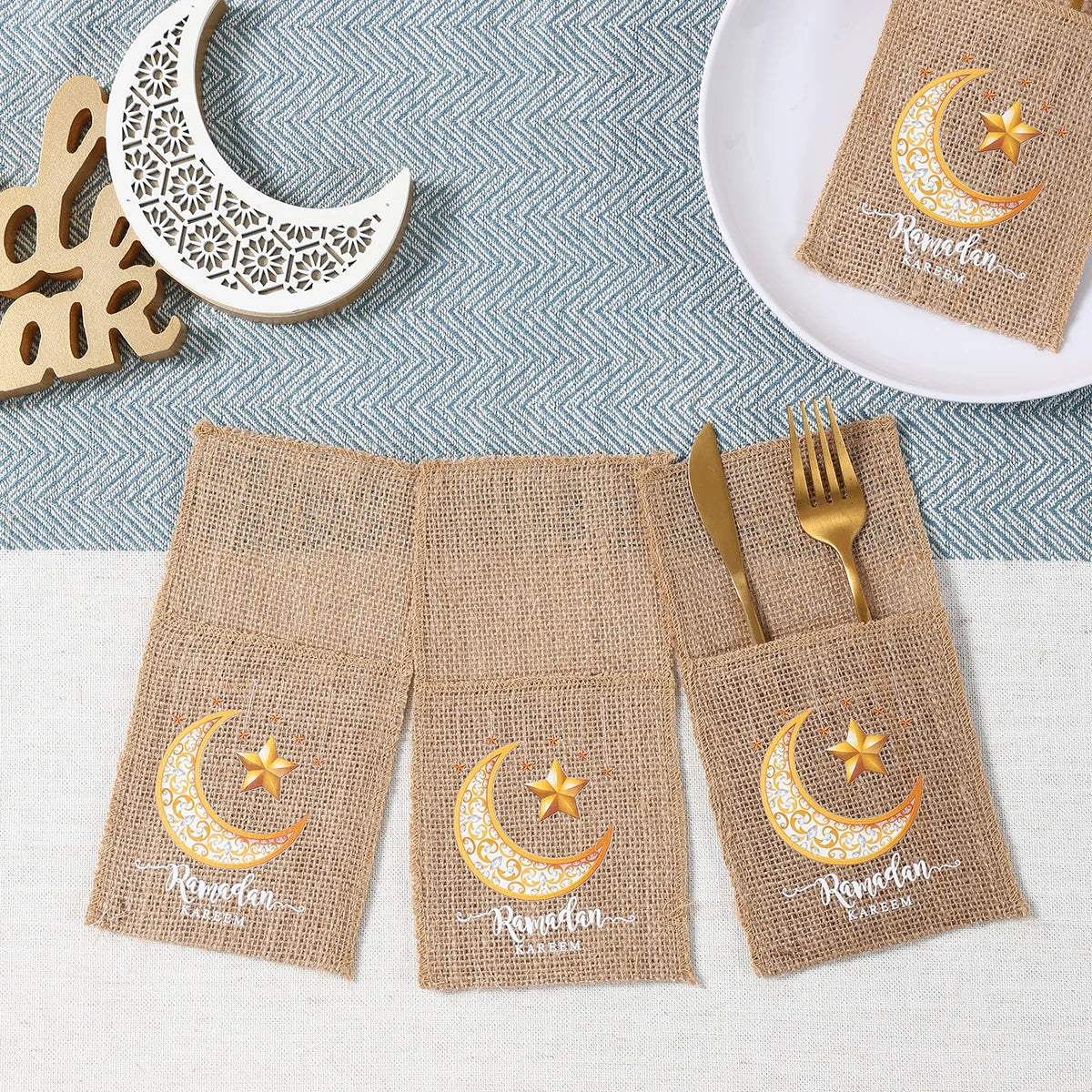 Ramadan Decor Cutlery Holders Burlap Knife Fork Bag for Eid Mubarak Decoration 2025 Islamic Muslim Party Eid Al Adha Gifts