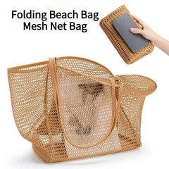 1pcs Foldable Beach Bag with Mesh Net, Mesh Bag, Women's Shoulder Bag, Essential for Outdoor Travel and Leisure Activities