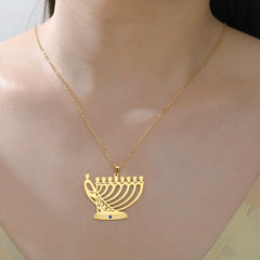  Dreamtimes Vintage Metal Candlestick Pendant Necklace for Women Men Judaism Menorah Trinket Jewelry Jerusalem Religion Gifts