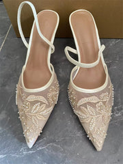 Women's Mesh Floral Embroidered Slingback High Heels Female Open Heel Pearl Studded Pointed Toe Sandals Sexy Stiletto Lady Shoes