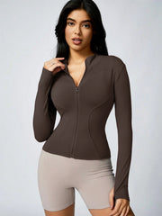 Women's Solid Color Zipper Turtleneck Sports Jacket, Long-Sleeved Sports Top, Gym Wear, Ladies' Sportswear for Indoor and Outdoo