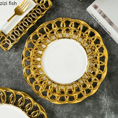 Gold Plated Hollow Out Ceramic Plate Steak Plate Dessert Snack Plate Fruit Salad Plates Service Plates Restaurant Tableware