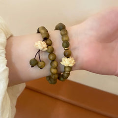 Lotus Sandalwood Bangle Wood Beaded Strand Bracelets Green Natural Sandalwood Bracelet Elastic Handwoven Rosary Jewelry