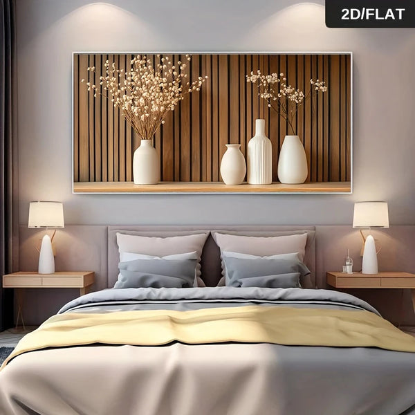 Modern Beige Vase Wall Art Canvas Painting, Frameless 2D Flat Decorative Poster for Living Room and Bedroom, Minimalist Wooden