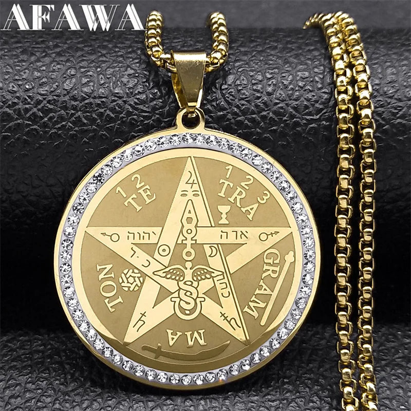 Tetragrammaton Pentagram Amulet Necklace for Women Men Stainless Steel Jewish Israel Talisman Pentacle Chain Jewelry NZZZ499S02