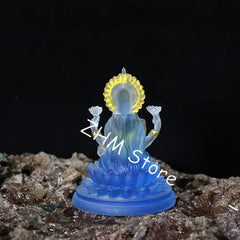 11cm White/Blue Resin Indian Lakshmi Buddha Statue, Mini SIze Delicate Auspicious Figurine of Buddhist Tailsman