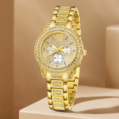 Women’s Gold Quartz Watch & Rhinestone Jewelry Set – Luxury Casual