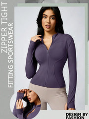 Women's Solid Color Zipper Turtleneck Sports Jacket, Long-Sleeved Sports Top, Gym Wear, Ladies' Sportswear for Indoor and Outdoo