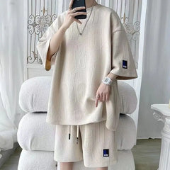 2025 3D Men's new Waffle TZ30 Summer Suit  Casual T-shirt + Shorts Suit Men's Tracksuit Solid color tracksuit loose suit