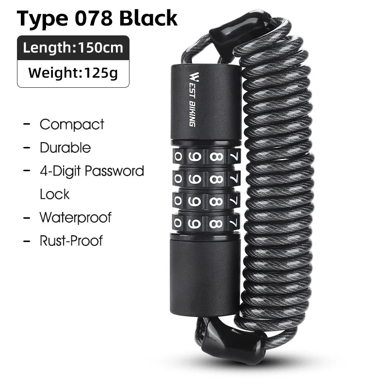 WEST BIKING Portable Bicycle Lock Password Rope Helmet Lock Bicycle Safety Lock Steel Wire Lock Mountain Bike Backpack Lock Zinc