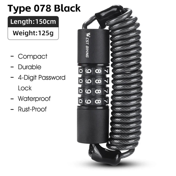 WEST BIKING Portable Bicycle Lock Password Rope Helmet Lock Bicycle Safety Lock Steel Wire Lock Mountain Bike Backpack Lock Zinc