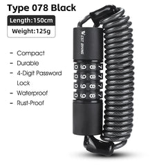 WEST BIKING Portable Bicycle Lock Password Rope Helmet Lock Bicycle Safety Lock Steel Wire Lock Mountain Bike Backpack Lock Zinc