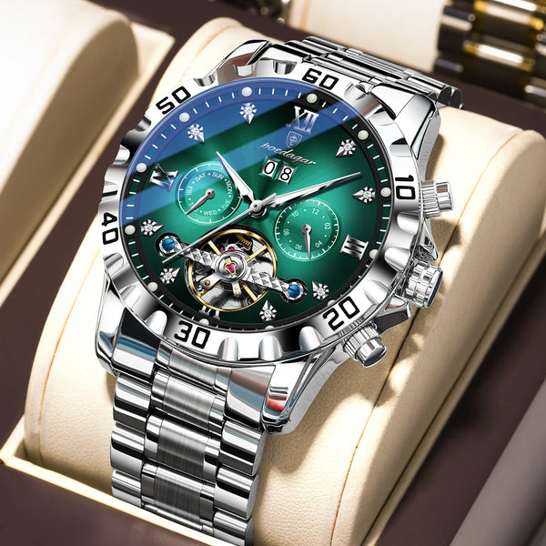 POEDAGAR Top Luxury Men Watch Automatic Date Week Man Wristwatch Hollow Tourbillon Mechanical Stainless Steel Men's Watches Male