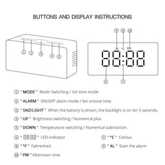 White LED Mirror Digital Alarm Clock – USB Desk Night Light