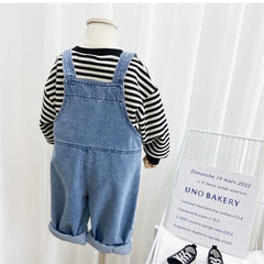 2025 Boys Overalls Girls Denim Backpack Children Solid Colour Pocket Trousers Kids Simple Fashion Casual Pant 2-8 Years Old