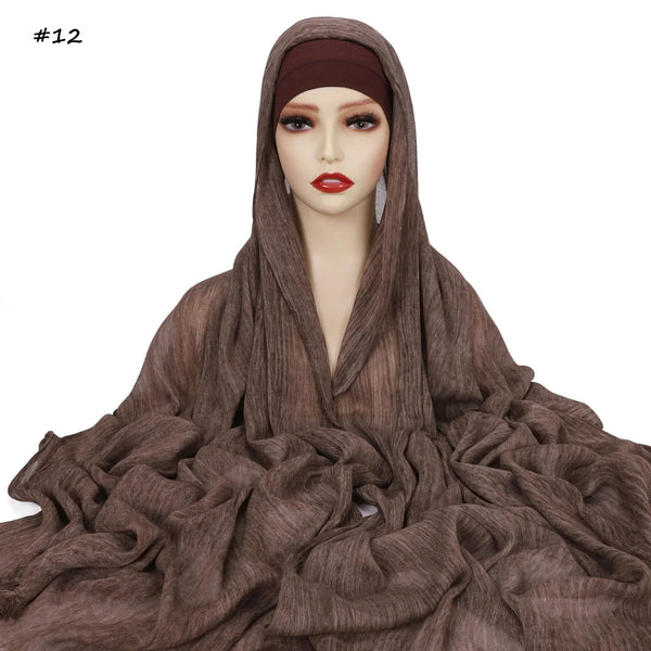 Ramadan Crinkle Rayon Hijabs with Cap Muslim Hijabs for Women Shawls Solid Instant Headscarf Wraps Stripe Islamic Turban Foulard